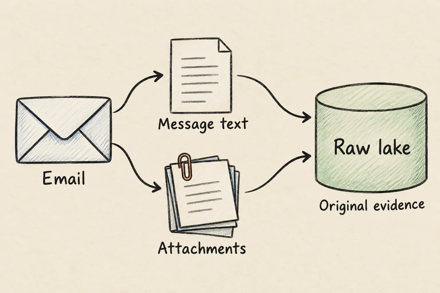 An email branches into message text and attachments, both flowing into a raw lake as original evidence